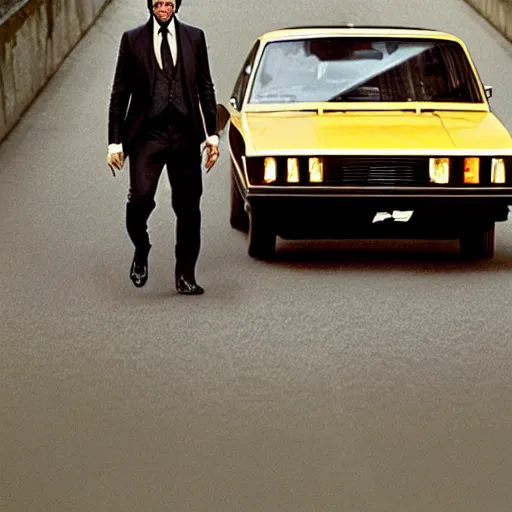 Image similar to john wick getting out of renault 1 2 car