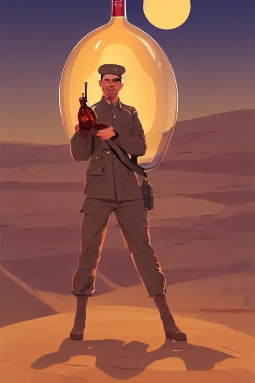 Image similar to funny drunk soldier with bottle in his hand in the desert, smooth face, centered median photoshop filter cutout vector behance hd by artgerm, jesper ejsing, by rhads, makoto shinkai and lois van baarle, ilya kuvshinov, rossdraws, illustration, art by ilya kuvshinov and gustav klimt