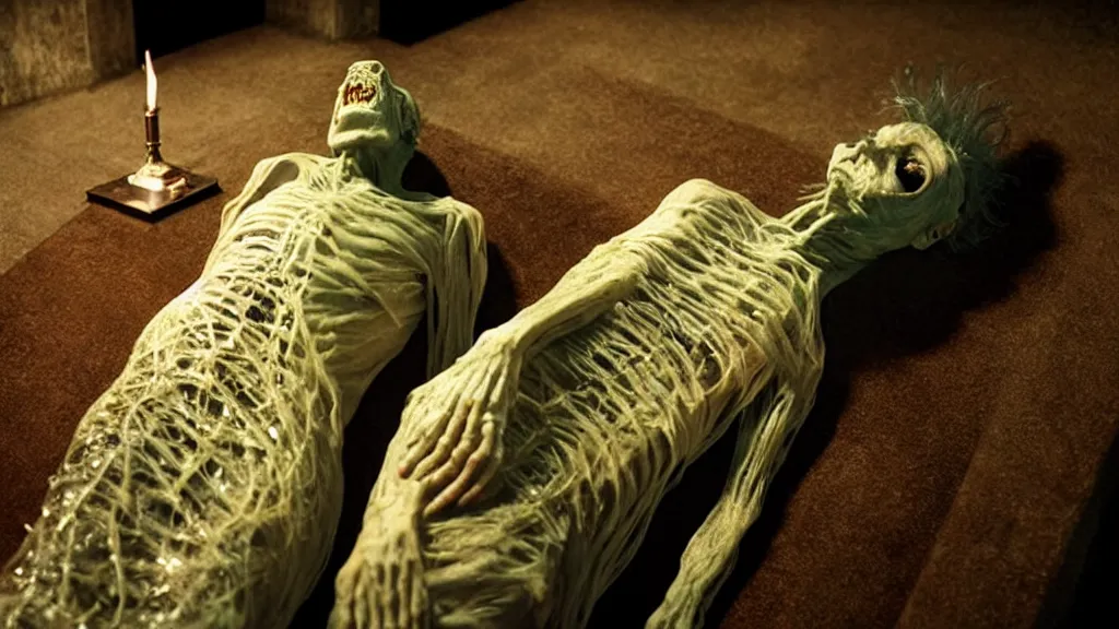 Prompt: the creature in the coffin, made of glowing wax and metal, they look me in the eye, film still from the movie directed by denis villeneuve and david cronenberg with art direction by salvador dali, wide lens