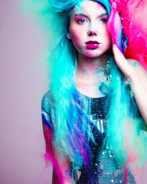 Image similar to a dramatic lighting photo of a beautiful young woman with cotton candy hair. paint splashes. with a little bit of cyan and pink