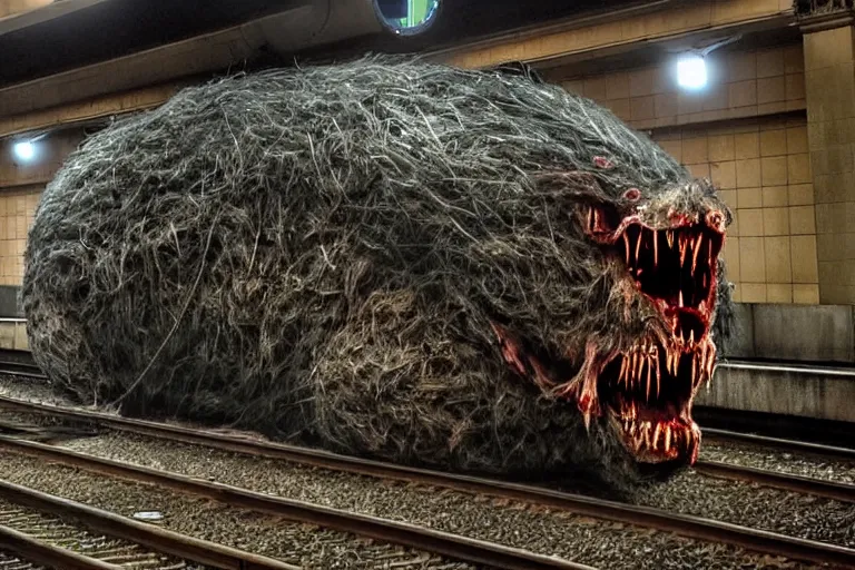 Prompt: very large giant mutant zombie irradiated ( angry rat ) staying on railways in tonnel of moscow subway. tonnel, railways, giant angry rat, furr, fangs, claws, very realistic. extreme long shot, 1 6 mm, rusty colors, anish kapoor, ( herman nitsch, giger ).