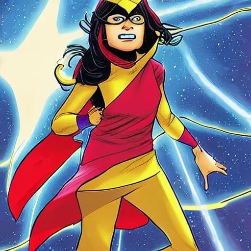 Prompt: kamala khan, ms. marvel, in hijab, marvel superhero, action scene, art by mark bagley