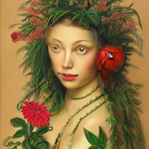 Image similar to a beautiful detailed portrait of a woman with plants and flowers growing