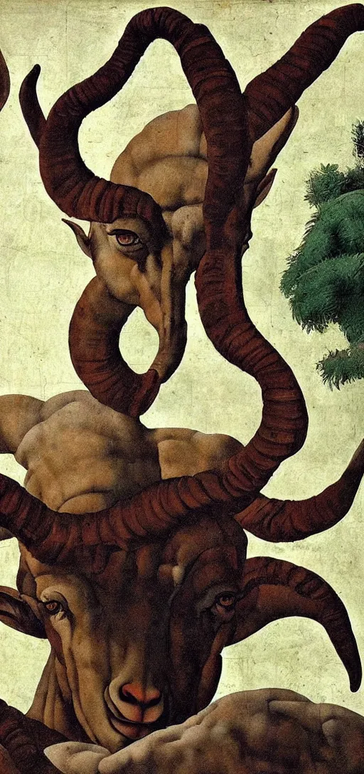 Image similar to giant goat with evil eyes, painting by michelangelo