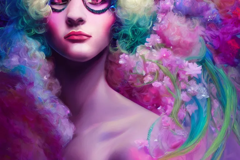 Prompt: Portrait of a beautiful mistress with pastel massive hairs blending flowers and luminous pearls by artist Nina Masic and artist Noah Bradley, sense of awe, trending on artstation, vivid color, portrait, Paradoxal background, trending on artstation, crystal color, 4k