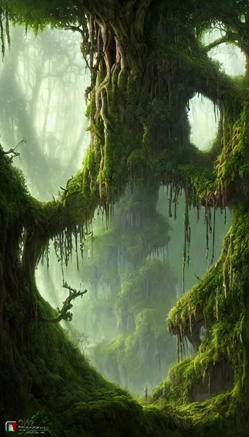 Image similar to fairy palace, castle towers, gnarly trees, lush vegetation, forest landscape, painted by tom bagshaw, raphael lacoste, eddie mendoza, alex ross concept art matte painting