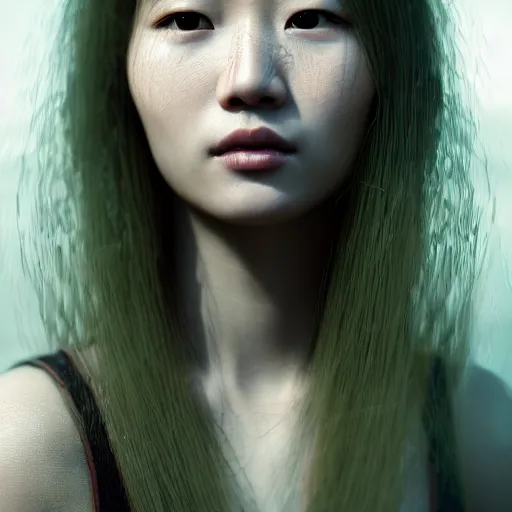 Image similar to intricate highly detailed face portrait of asian - european woman, light mint water vines on her face, intricate, cgsociety, unreal engine, octane render, sharp focus, smooth, volumetric lighting, cinematic composition, artstation