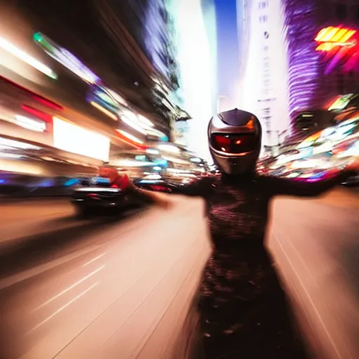 Image similar to gopro pov of a woman warrior wearing intricate scifi helmet running motion blur, night, city, raining