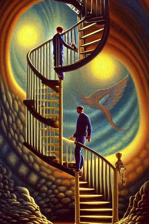 Prompt: a photorealistic detailed cinematic image of a man on his deathbed, assisted to the afterlife. met by friends and family, overjoyed, emotional, compelling, spiral staircase, by pinterest, david a. hardy, kinkade, lisa frank, wpa, public works mural, socialist