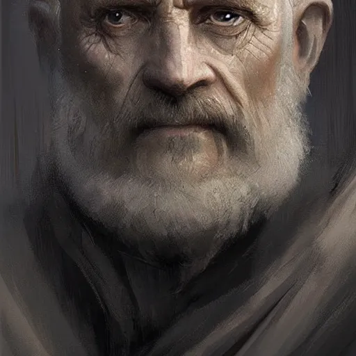 Image similar to portrait of a man by Greg Rutkowski, an old Jedi, short hair in military style, beard, wise and cool appearance, gray and black robes, Star Wars Expanded Universe, he is about 60 years old, highly detailed portrait, digital painting, artstation, concept art, smooth, sharp foccus ilustration, Artstation HQ