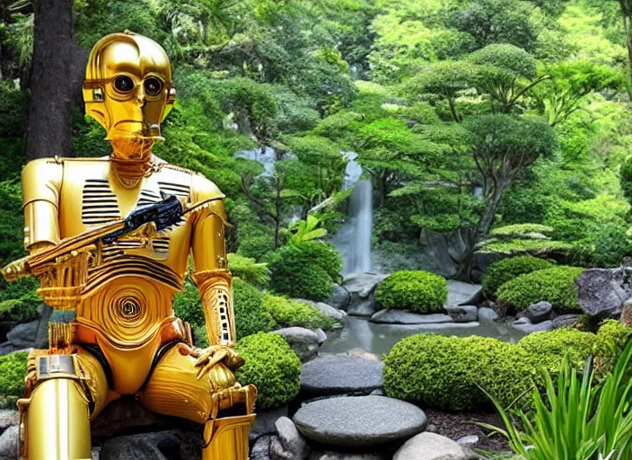 Prompt: C-3PO sitting in a lush japanese garden, C-3PO is holding an ar-15, waterfall, bright sun, still from star wars, shot on film, depth of field, nature show, incredible detail, dramatic lighting