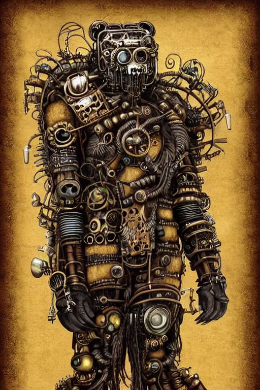 Image similar to wild monstorous anthropomorphic biomechanical bear shaman wearing steampunk artifacts. Have dreadlocks made of cables and wires. Upgraded with hightech cyberwares. huge, big, giant bear human hybrid, mecha animal, tall, very detailed woodcut armor, terrifying and dangerous, scary, beautiful, steampunk monster android hybrid art portrait, matte scifi fantasy painting, half robot half bear. Fullbody, Centered uncut. Focus on face 50px margins on every side.. DeviantArt Artstation, by Igor Goryunov, featuring Jason Felix, Steve Argyle, Tyler Jacobson and Peter Mohrbacher, cinematic lighting