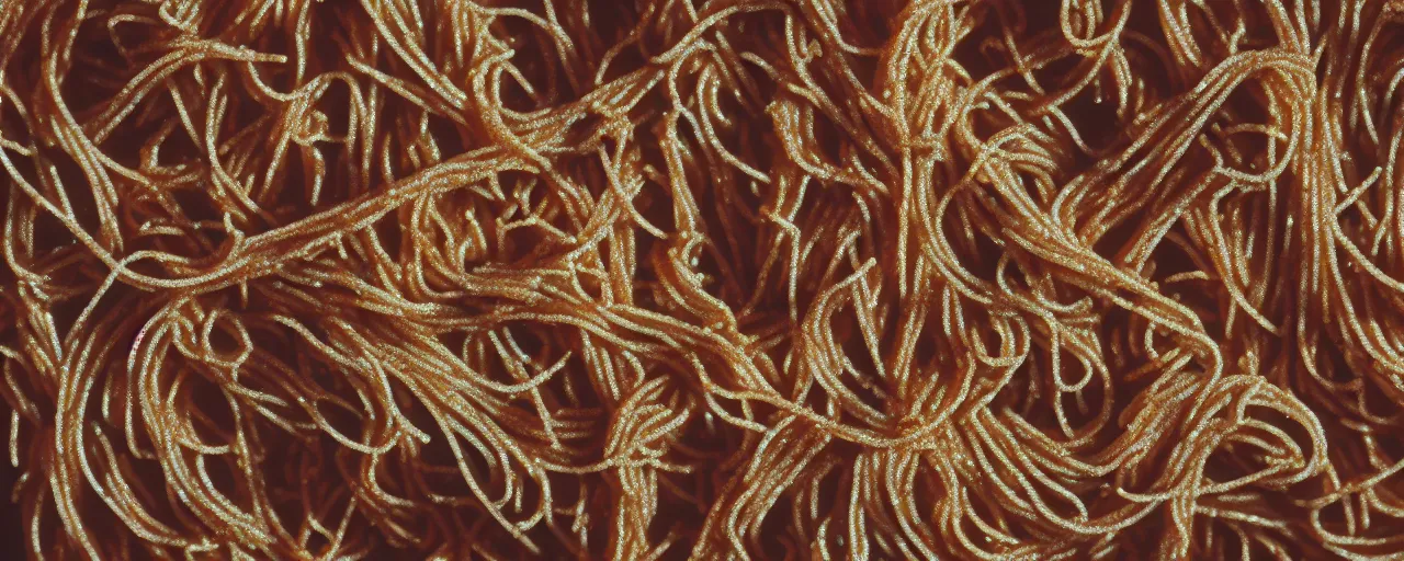 Image similar to full bleed macro shot of spaghetti texture, intricate, canon 1 0 0 mm, cinematic lighting, wes anderson film, kodachrome