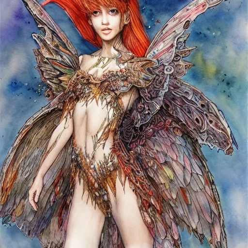 Prompt: fairy girl with wings made of pizza slices, watercolor, pen and ink, intricate line drawings, by Yoshitaka Amano, Ruan Jia, Kentaro Miura, Artgerm, detailed, trending on artstation, hd, masterpiece,