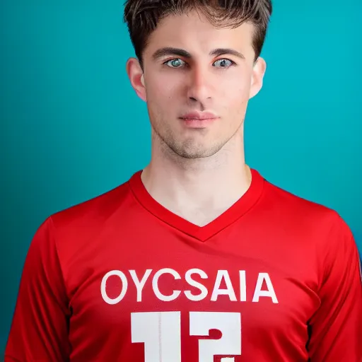 Image similar to a portrait of a young Caucasian man with short brown hair that sticks up in the front, blue eyes, groomed eyebrows, tapered hairline, sharp jawline, wearing a volleyball jersey, sigma 85mm f/1.4, 15mm, 35mm, 4k, high resolution, 4k, 8k, hd, highly detailed, full color, Kodak Kodachrome Film