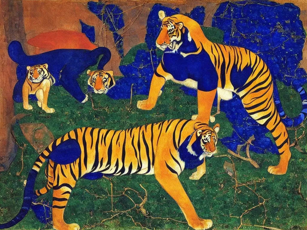 Image similar to portrait of a tiger. lapis lazuli, malachite, cinnabar, gold. painting by piero della francesca, balthus, agnes pelton