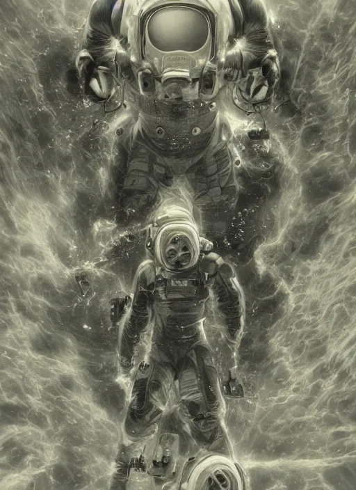 Image similar to polaroid astronauts in dark and empty void underwater - complex and hyperdetailed technical suit. reflection and dispersion materials. rays and dispersion of light. volumetric light. 5 0 mm, f / 3 2. noise film photo. flash photography. ultra realistic, wide angle. poster by wayne barlowe, hajime sorayama aaron horkey, craig mullins