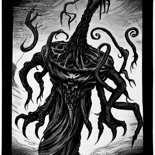 Prompt: an eldritch giant, horrid creature, evil, ominous