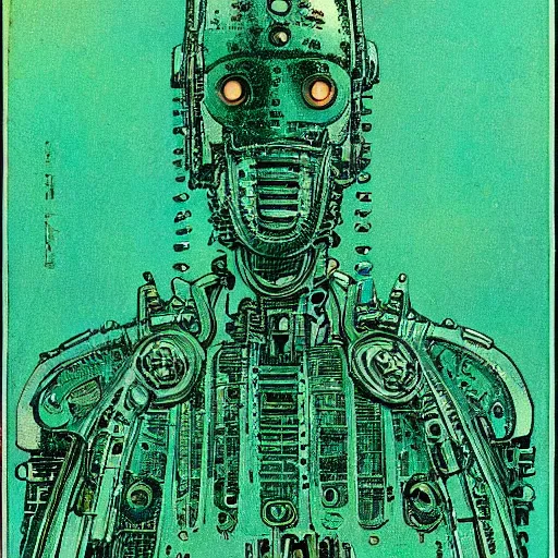 Prompt: a beautiful print. human technology that had become haunted, possessed by quick, gleaming cleverness. copper verdigris by al williamson daring, lush