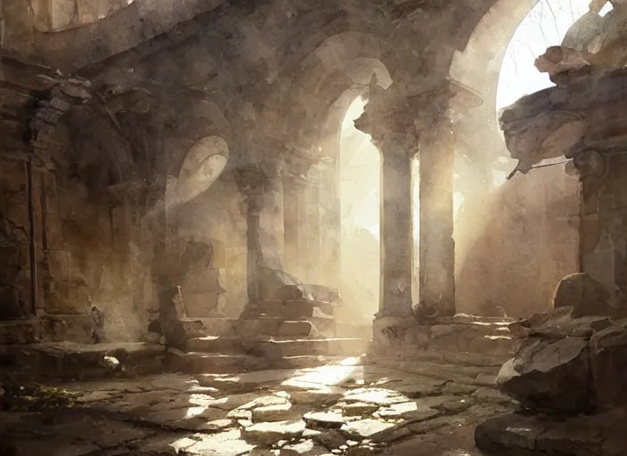 Prompt: watercolor painting of rocky roman ruins, old signs, walls, very beautiful ambient lighting, sun rays, dust, art by anders zorn, wonderful masterpiece by greg rutkowski, cinematic light, american romanticism by greg manchess, creation by tyler edlin