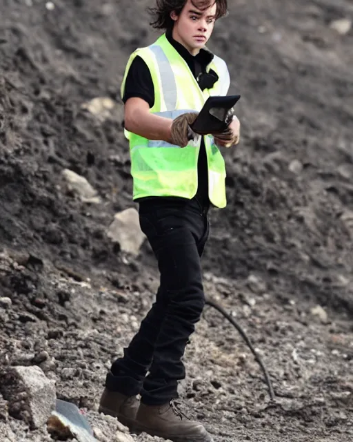 Image similar to glamorous harry styles working in a mine