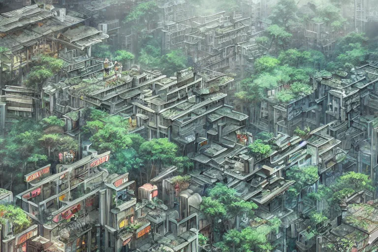 Prompt: kowloon walled forest city, still from studio ghibli anime movie, digital art, artgerm, trending on artstation