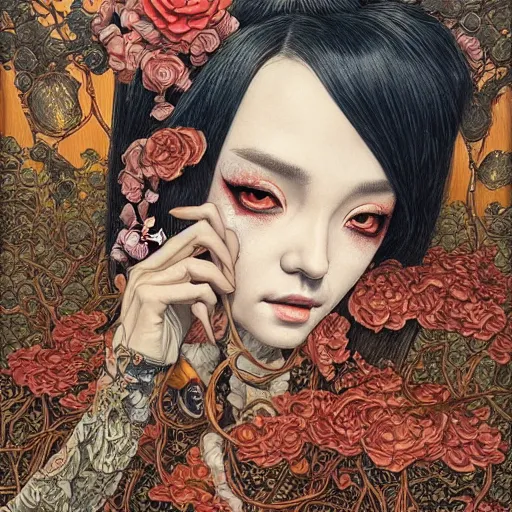 Image similar to beautiful portrait painted in jacek yerka aykut aydogdu and leslie zhang style drawn by vania zouravliov and takato yamamoto, inspired by cyberpunk sasha bom, intricate acrylic gouache painting, high detail, sharp high detail, artstation, manga and anime