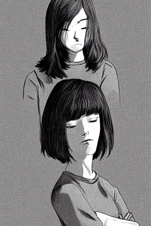 Image similar to portrait of a girl in long pants and a top, hands in pockets, eyes closed, bob haircut, digital art, black and white, lineart by junji ito