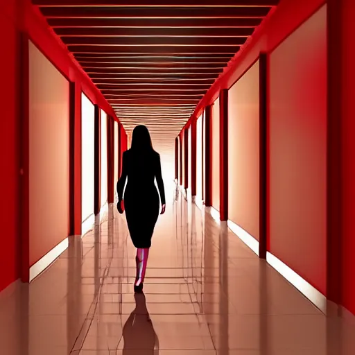 Prompt: a cinematic dramatic digital art of a woman walking through corridor. red