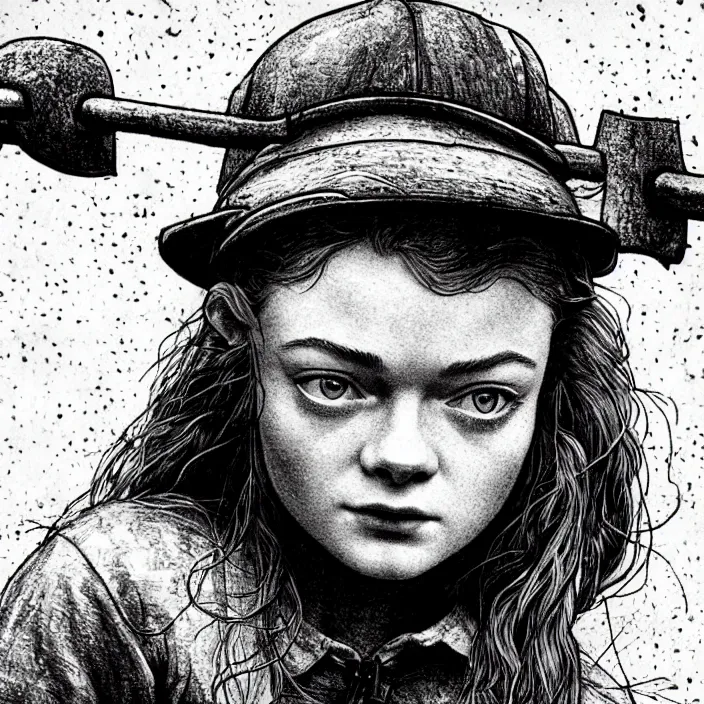 Image similar to extreme close - up on sadie sink as a miner who raises stale bread. background : black tiles on walls. black and white, pencil and ink. by gabriel hardman, joe alves, chris bonura. cinematic atmosphere, detailed and intricate, perfect anatomy