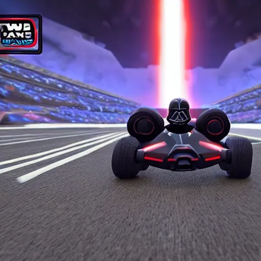 Prompt: still image of darth vader driving in mario kart tour deluxe race, unreal engine 5, 3 d, octane