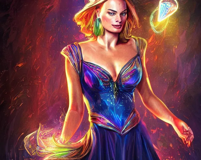 Image similar to margot robbie as a beautiful magician casting colorful spells, fantasy art, in the style of JOHN STEPHENS, illustration, epic art, fantasy, intricate, elgant, amazing detail, digital painting, artstation, concept art, smooth, sharp focus