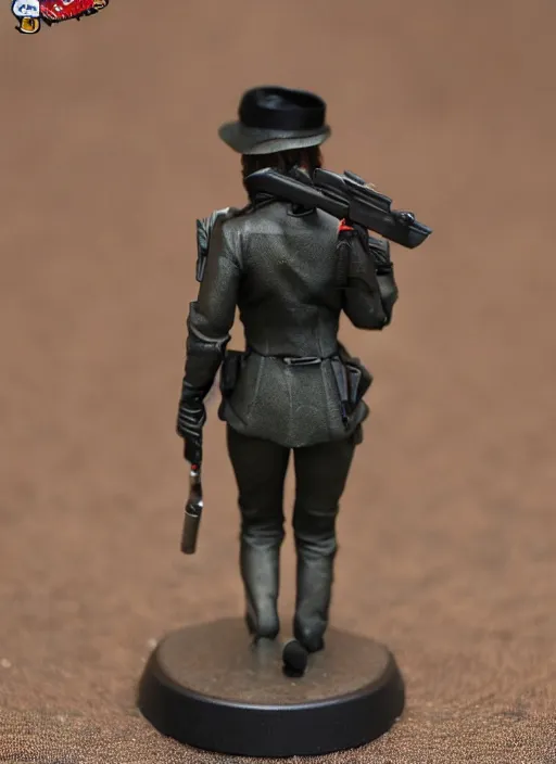 Prompt: Product Introduction Photos, 4K, Full body, 80mm resin detailed miniature of a spy woman with pistol. view from behind