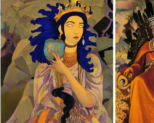 Image similar to a queen wearing a dress and a crown, and a veil on a stone throne by nicholas roerich, by gustave moreau, by james hawe, by yoshitaka amano, by georgia o keeffe, oil painting