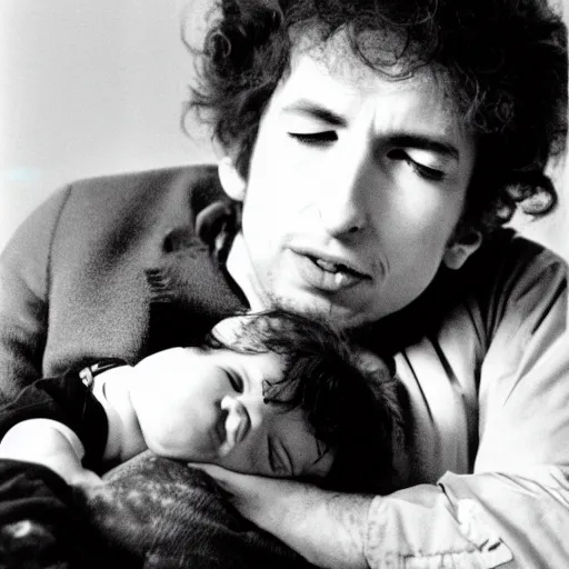 Prompt: bob dylan cradling fat little man like a baby, photograph, 1 9 6 5