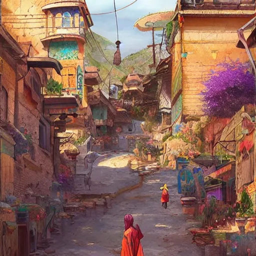 Image similar to colorful Kurdish village, anime, a fantasy digital painting by Greg Rutkowski and James Gurney, trending on Artstation, highly detailed