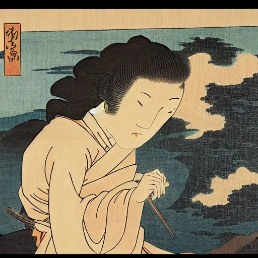 Image similar to A statue by Hokusai and Hasui Kawase