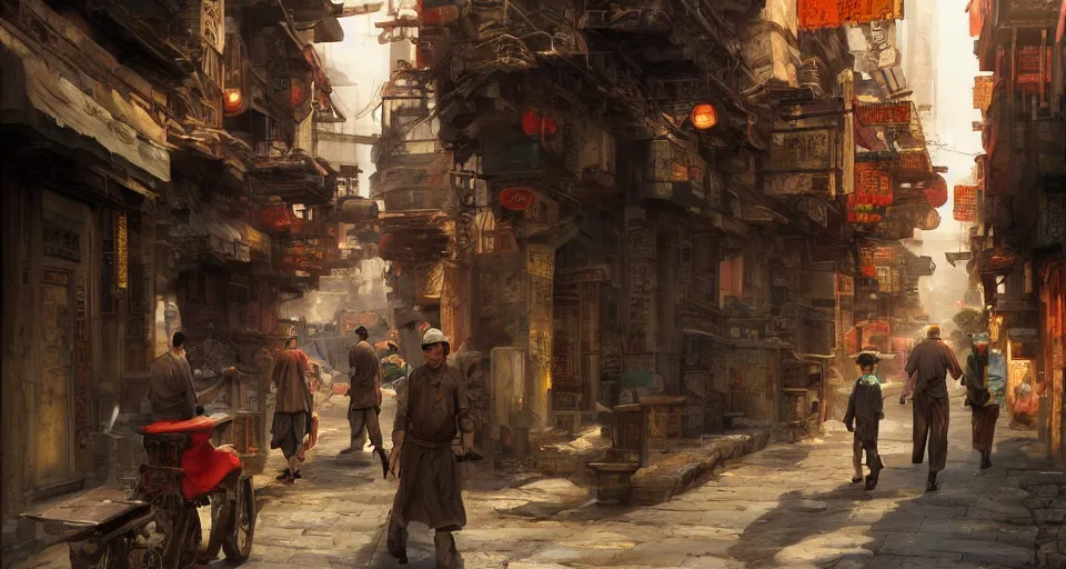 Prompt: craig mullins and ghibli digital art of chinatown street, sunset alley, in the bustling ancient chinese city, the god of erlang yang jian came from a distance, unreal engine, hyper realism, realistic shading, cinematic composition, realistic render, octane render, detailed textures, photorealistic, wide shot