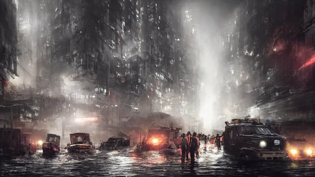 Prompt: dramatic Photorealistic, Matte Painting of a freight ship being towed by a tug boat with bright head lights down a busy post apocalyptic deep flooded Hong Kong city street at night,dark Tall buildings by Greg Rutkowski,Craig Mullins,Hyperrealism,Beautiful dramatic moody lighting,Cinematic Atmosphere,Octane Rendering,8K