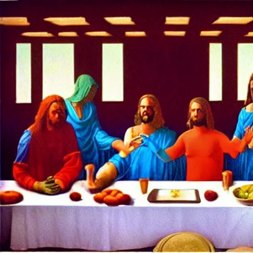 Prompt: a still from a film about modern day people re-enacting the last supper with psychedelics instead of food. Directed by Stanley Kubrick and Wes Anderson, Art directed by Edward Hopper.