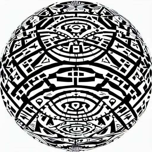 Image similar to a giant floating sphere covered in canadian aboriginal patterns