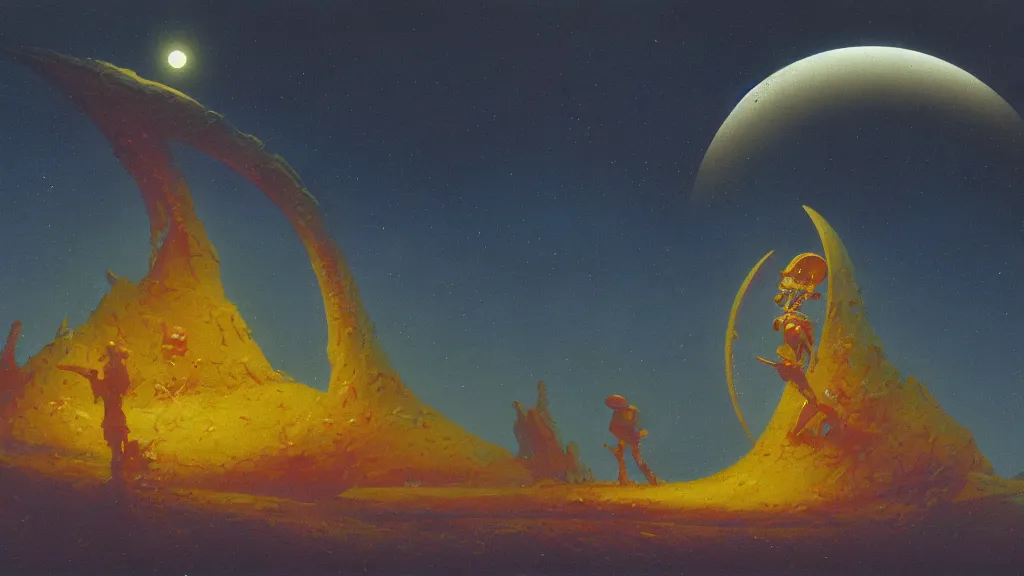 Image similar to mysterious whimsical sculpture of an alien crescent moon by paul lehr and john schoenherr and john harris, cinematic matte painting