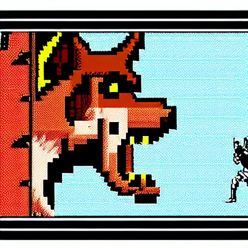 Image similar to extreme long shot. 8 bit nes graphics. antropomorphic muscular masculine wolf. kickboxer fighter in shorts. wolf head. art from nes game cartridge, unreal engine - h 7 6 8