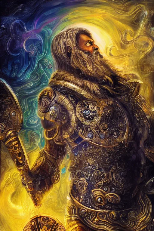 Image similar to mythological odin all father god of thunder and artificial intelligence creating himself with an artificial neural network with gold synapses, high resolution, award winning art, trending on art station, sharp image, incredibly detailed, detailed character realistic painting