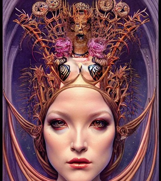 Prompt: symmetrical painting, a beautiful female succuba queen in dress, pretty, detailed and intricate, perfect body shape, perfect face, hypermaximalist, elegant, ornate, luxury, elite, matte painting, cinematic lighting, james jean, brian froud, wayne barlowe