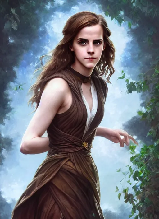 Image similar to emma watson as magic druid, shiny background, intricate, elegant, highly detailed, digital painting, artstation, concept art, smooth, sharp focus, illustration, artgerm, bouguereau