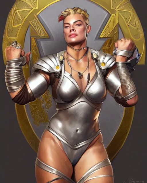 Image similar to full figure ultra realistic illustration, margot robbie as thick female bodybuilder knight zarya from overwatch smiling with closed eyes wearing egyptian armour, intricate, elegant, highly detailed, digital painting, artstation, concept art, smooth, sharp focus, illustration, art by artgerm and greg rutkowski and alphonse mucha