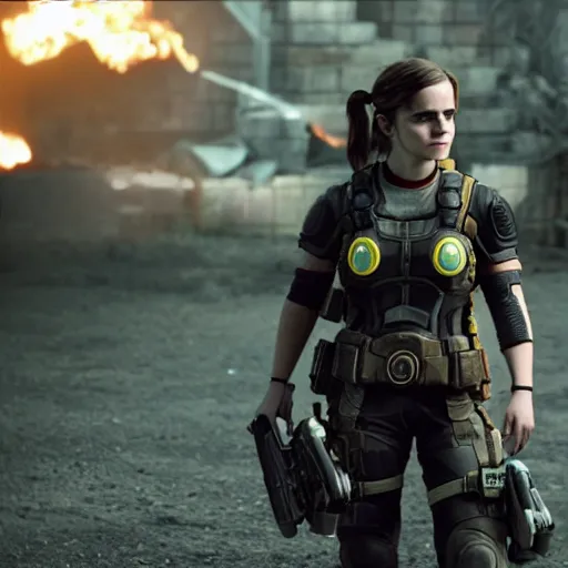 Image similar to emma watson as pikachu in gears of war, movie still, cinematic lighting, dramatic, octane render, long lens, shallow depth of field, bokeh, anamorphic lens flare, 8 k, hyper detailed, 3 5 mm film grain