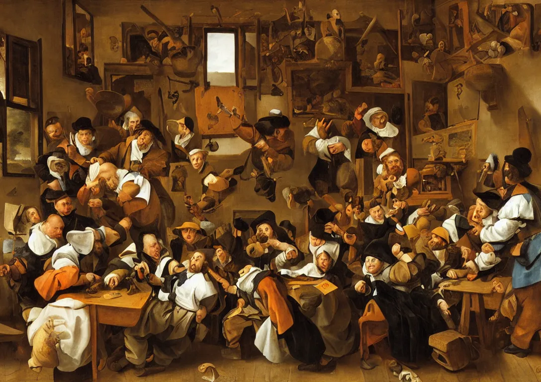 Image similar to Jan Steen arranges various actors in a small room with a window and low ceiling.