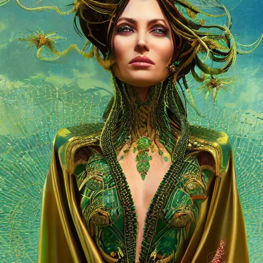 Image similar to a beautiful woman wearing a green kaftan made of silk with golden ornaments by alex gray and android jones , Karol Bak, Ayami Kojima, Amano , concept art, character design, fantasy,3D, 8k resolution